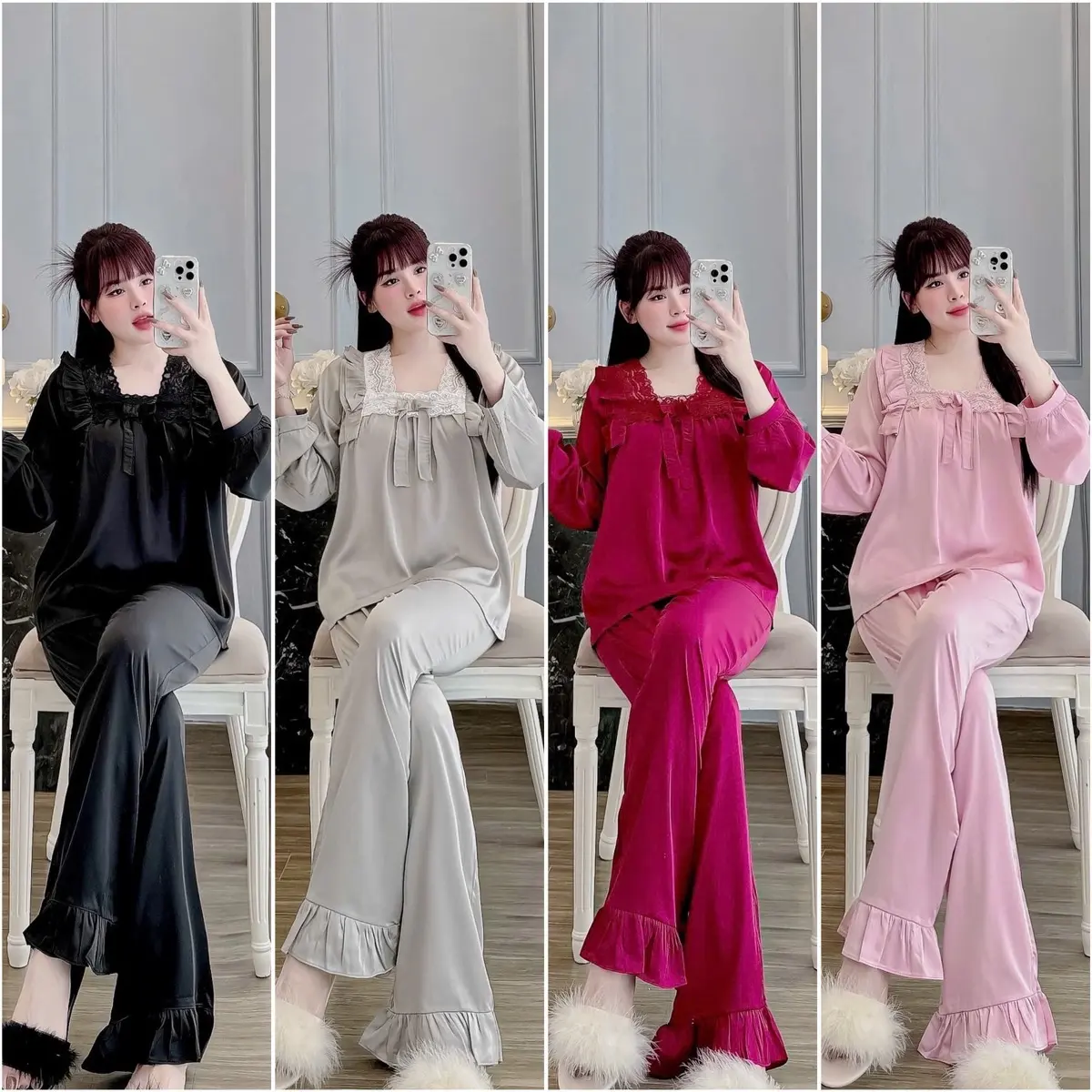 ( Cv Ren Trơn) Bộ Tiểu Thư Cổ Vuông Ren Lụa Latin Tơ Tằm Form 40-58kg Women Nữ