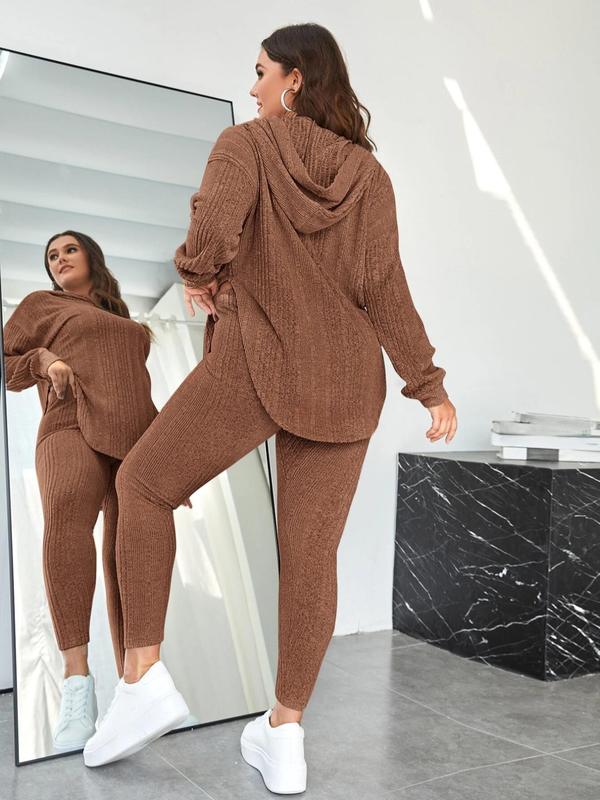 Plus Size Two-Piece Set Solid Split Hem Hoodie & High Waist Skinny Pants Set, Casual Fashion Drop Shoulder Long Sleeve Top & Trousers, Women's Two-piece Outfits 7
