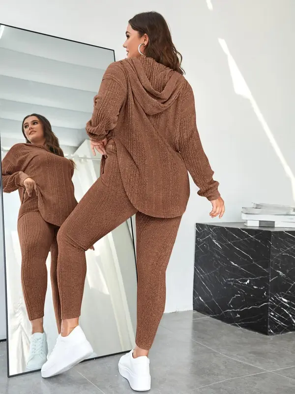 Plus Size Two-Piece Set Solid Split Hem Hoodie & High Waist Skinny Pants Set, Casual Fashion Drop Shoulder Long Sleeve Top & Trousers, Women's Two-piece Outfits 7