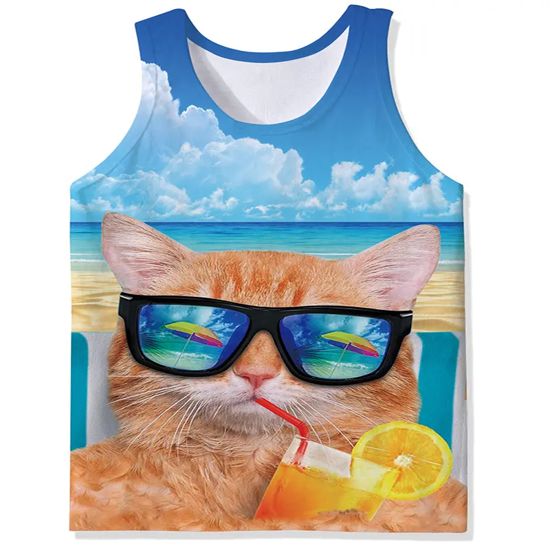 3D Digital Printed Round Neck Top, Cute Cool Kitten Series, Loose Casual Sleeveless Shirt, European And American Style Men'S Vest