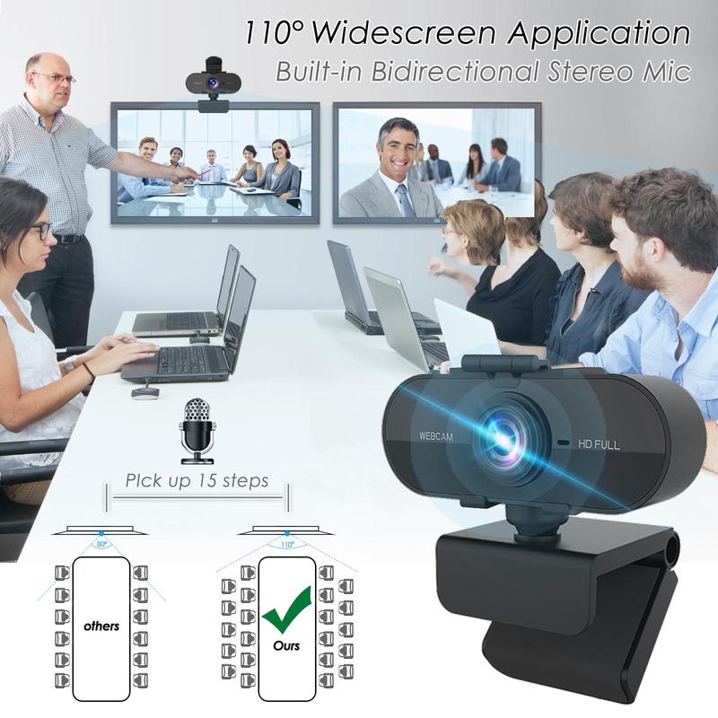 1080P HD Webcam, Computer Webcam, PC Webcam with Built-in Microphone, 360-Degree Rotation Triangle Stand Webcam with Privacy Cover 3
