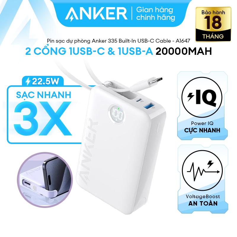 Sạc dự phòng Anker 335 1C1A/22.5W/20K (Built-In USB-C Cable) A1647_ hỗ trợ sạc nhanh, gắn kèm cáp