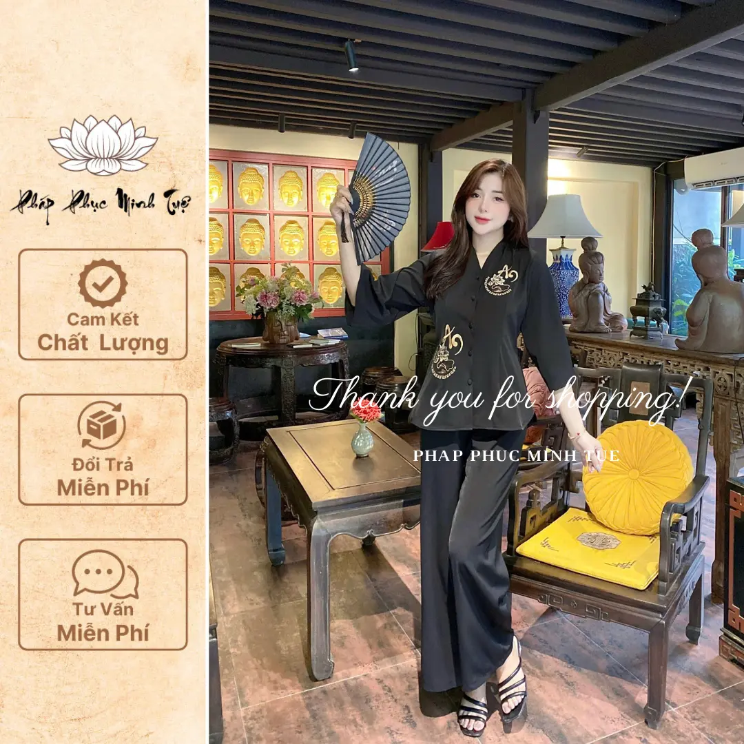 Bộ lam đi chùa chất lụa trượt hàn không nhăn nhàu cổ tim cao, thêu An- An, tay lỡ - Pháp phục cao cấp Minh Tuệ -Nữ - Women