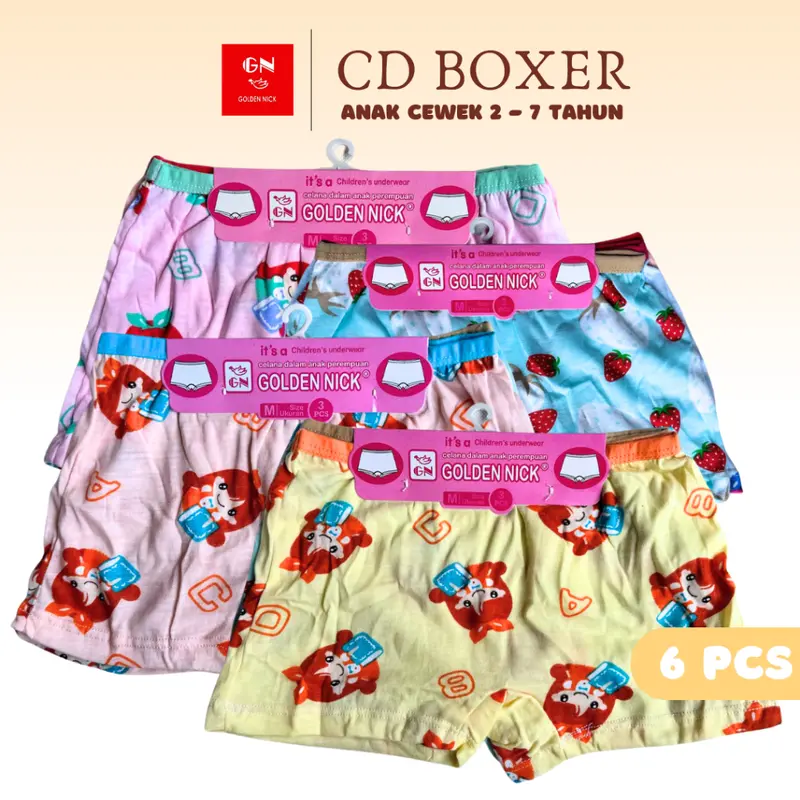 6 Pcs | Celana Dalam Boxer Anak Perempuan Usia 2-7 Tahun | Golden Nick 083 078 | Bahan Katun Full Print 0