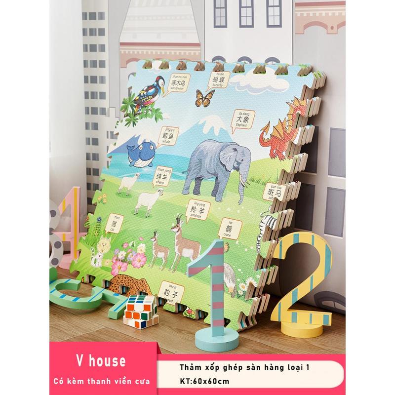 Hàng dày- Bộ 4 hoặc 6 tấm Thảm Xốp Ghép Lót Sàn Vân Gỗ Hoạt Hình Kích Thước 60×60 CM Tặng kèm thanh viền che răng cưa Cho Bé Đồ Chơi