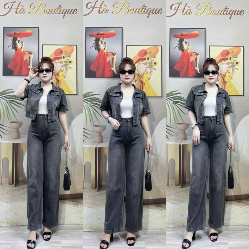 Sét Jean Nữ Gồm Quần Jean Ống Suông Và Áo Jean Tay Cộc Màu Xám Khói - Chất Jean Mềm Mịn