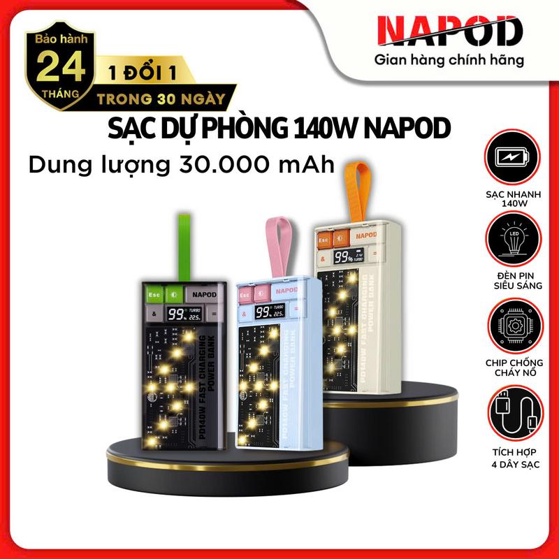 Sạc dự phòng 140W chính hãng NAPOD 30000mAh NP Plus chip sạc nhanh 2 chiều an toàn tích hợp đèn pin và màn hình led BAO HÀNH 12 THÁNG