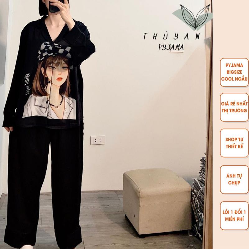 Bộ Pijama Bigsize cô gái mũ kẻ tay dài mặc nhà dành cho nữ, mẹ bầu từ 60kg - 90kg.