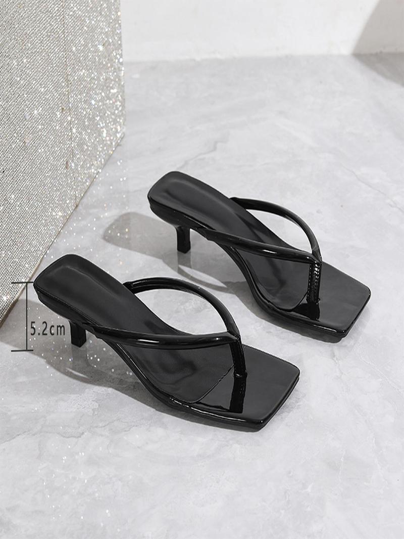 Product Introduction of Women's Fashionable Plain Color Heeled Gypsy Sandals, Patent Leather Kitten Heel Slide Sandals, Casual Summer Beach Party Sandals, All-match Commuter Shoes for Work & Daily Wear 16