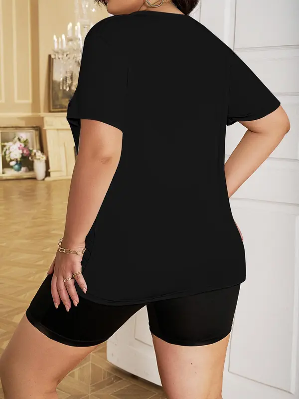 【Plus Size】 Two-Piece Set  Letter Print Tee & Leopard Print Shorts, Casual Round Neck Short Sleeve T-shirt & Skinny Shorts, Women's Summer Clothes for Daily Wear, Suits 1