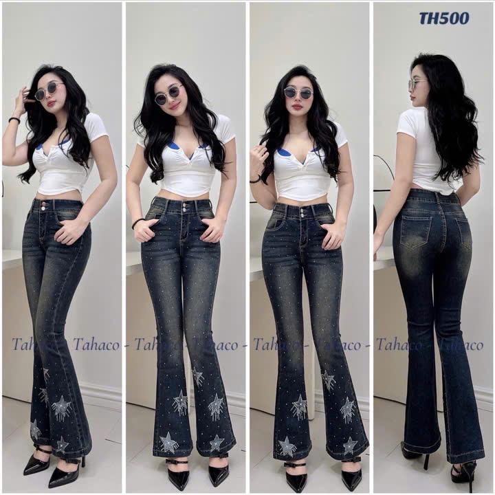 Quần jean nữ loe, thêu sao ép đá cao cấp, màu xanh rêu