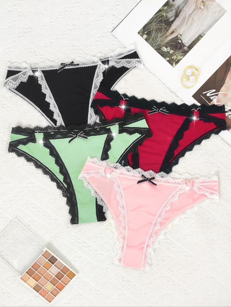 Product Introduction of Women's Colorblock Contrast Lace Bow Front Panty, Soft Comfy Breathable Heart Decor Thongs for Daily Wear, Ladies Underwear for All Seasons 15