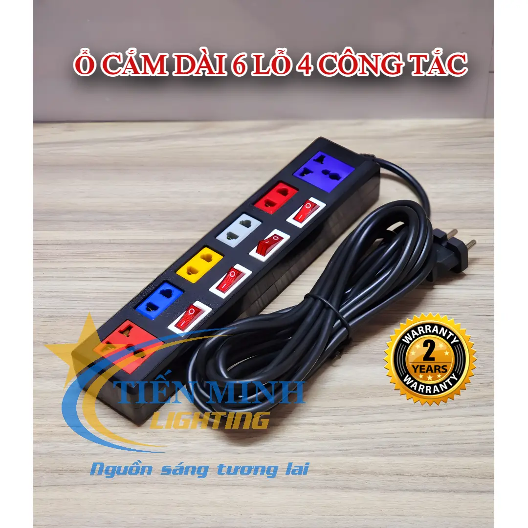 Ổ cắm dài 6 lỗ 4 công tắc 3m & 5m (Đen)- 2200W Tiến Minh