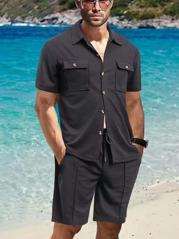 Two-Piece Set Men's Solid Color Waffle Knit Utility Shirt & Shorts, Casual Short Sleeve Collared Top & Shorts for Summer, Men's Clothes for Beach Vacation 3