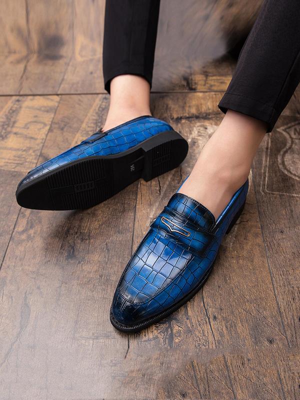 Men's Business Solid Color Crocodile Embossed Slip-on PU Leather Shoes, Fashionable Low Heel Dress Shoes For Work Office, Male Pointed Toe Shoes 2