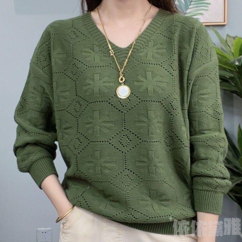 Áo Len Cổ Chữ V Khoét Lỗ Quần Áo Của Mẹ Hàng Mới Về, Dáng Rộng Vừa Vặn, Dài Tay, Dáng Ôm, Thích Hợp Cho Mùa Xuân Và Mùa Thu, Thời Trang Dễ Phối Đồ, Mặc Trong, 2024 Nữ Women Top