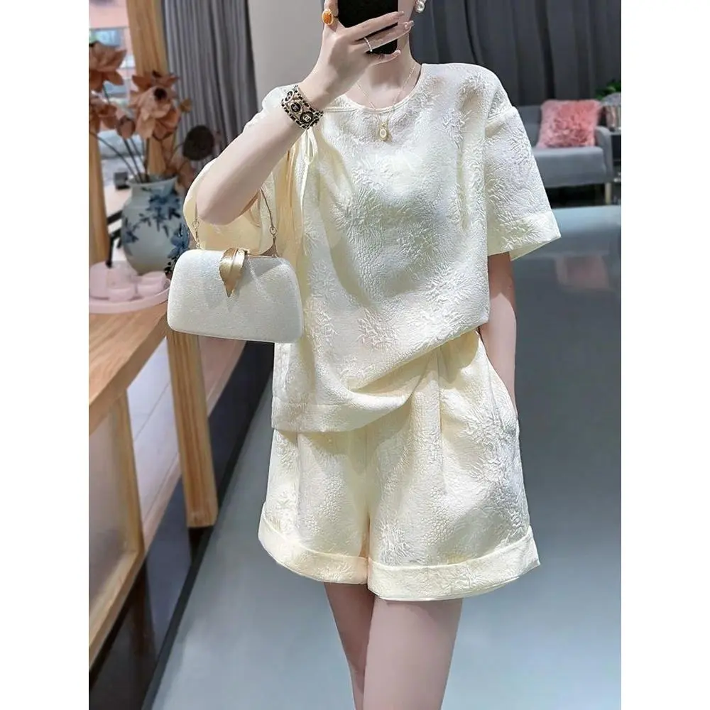 New Chinese Style Jacquard Lace-up Women's Suit 2024 Summer round Neck Short Sleeves Top Straight Shorts Two-Piece Set