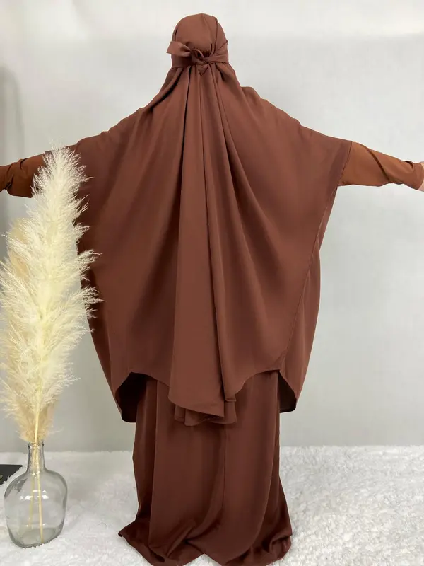Women's Plain Knot Hooded Batwing Sleeve Abaya & Maxi Dress Set, Modest Two-piece Muslim Outfits for Daily Wear, Islamic Clothing for Spring & Fall 8