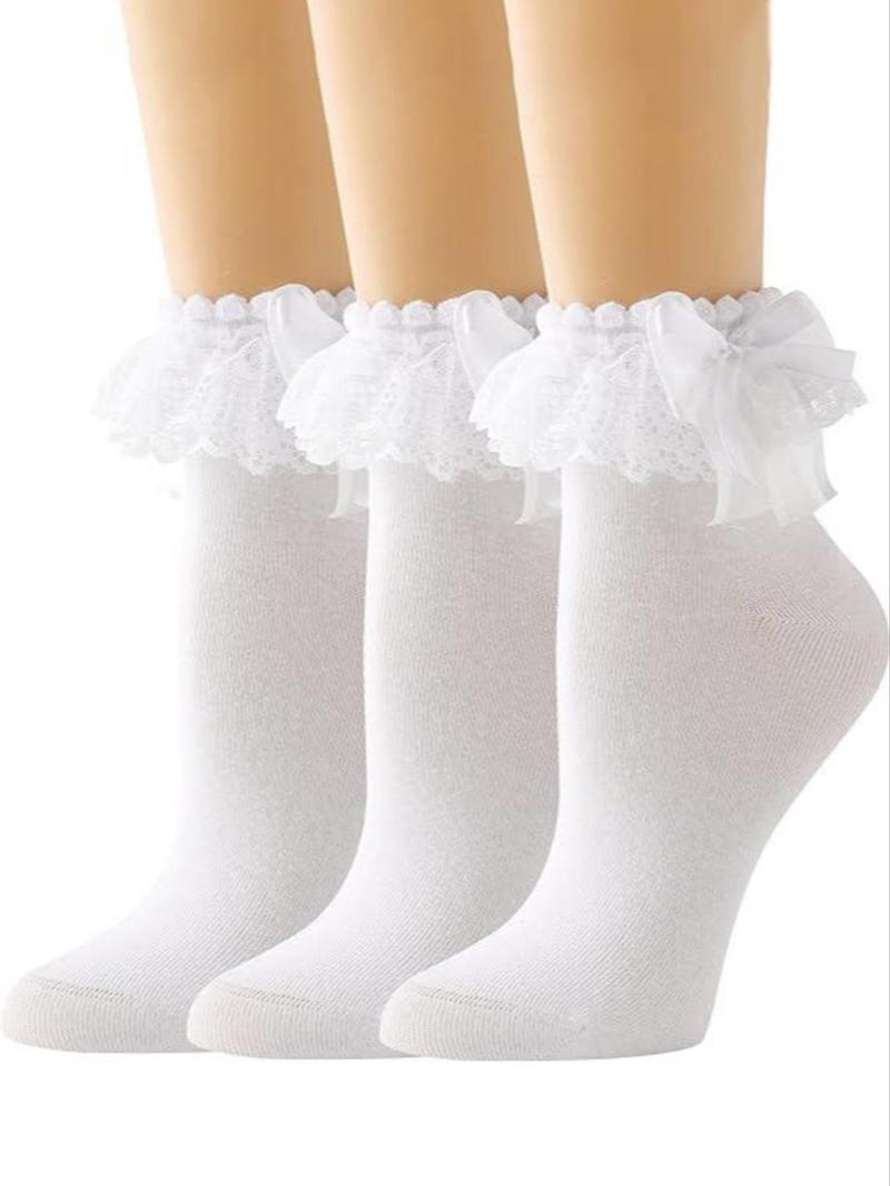 Product Introduction of Women's Bow Decor Contrast Lace Crew Socks, Lolita Style Plain Socks, Ladies Socks for All Seasons 4