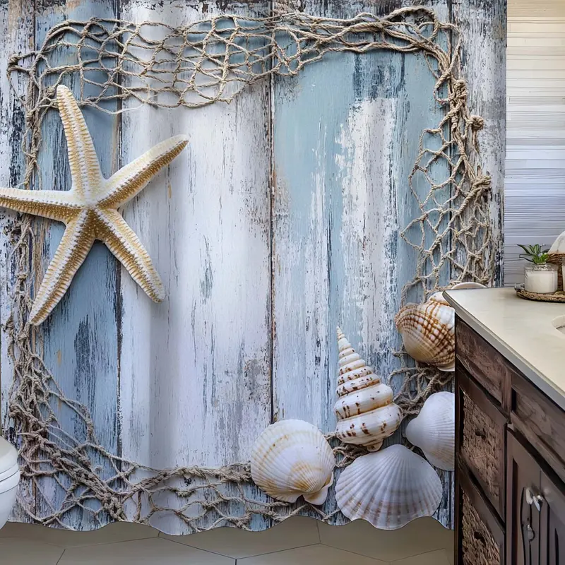 Starfish & Shell & Fishing Net Pattern Shower Curtain, Creative Starfish & Shell & Fishing Net Print Shower Curtain with 12 Hooks, Bathroom Supplies 3