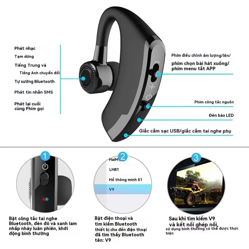 Tai nghe không dây tương thích Bluetooth V9 Business, Hi-Fi, Hands Tay miễn phí với mic - Nghe Nhạc, Nhét Tai 3