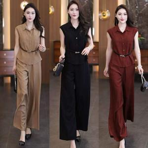 [Blouse+Wide Leg Pants]Fashion Sleeveless Terno Women Korean Style Casual Two Pieces Sets Temperament Elegant Lapel Loose Two Piece Suits Filipinina Modern Female shirt collar ternos