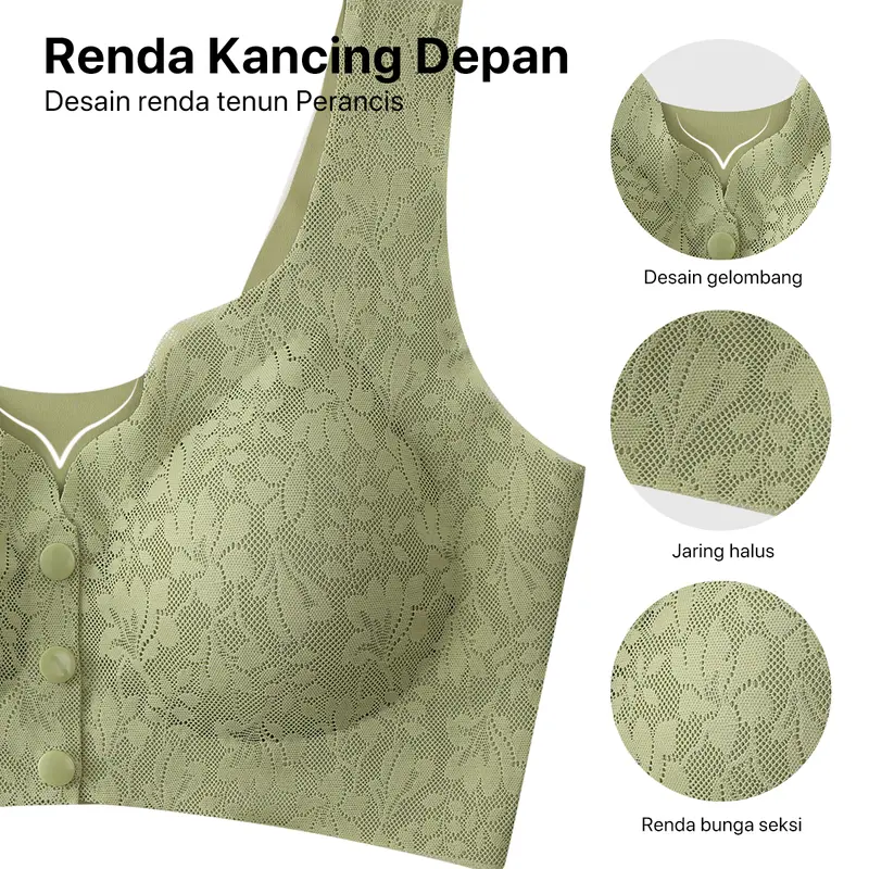 GRENEY L.W.L Bra Rompi Renda Pakaian Dalam Wanita Tipis Push Up Bh Sport Tanpa Kawat Kancing Depan Busa-89697 3