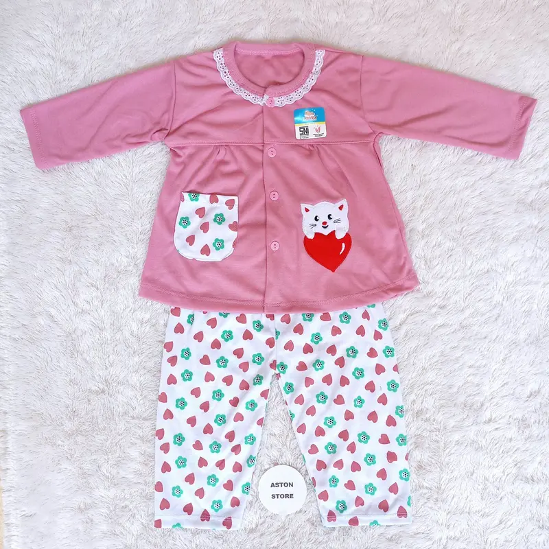 Setelan Baju Tidur Piyama Bayi Perempuan Lengan Panjang Kancing Depan Katun 6-12 Bulan Motif Lucu Cat Love 3