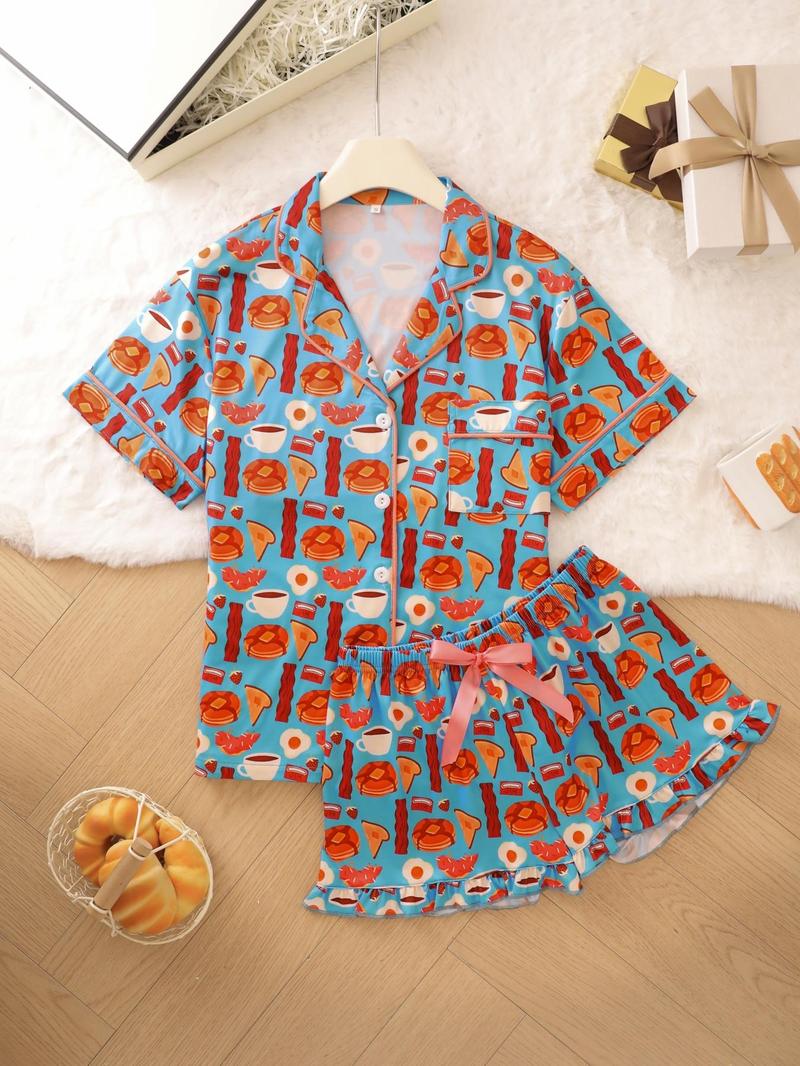 Product Introduction of Women's Leopard & All Over Print Button Pajama Set, Casual Comfy Short Sleeve Top & Shorts Pj Set, Ladies Summer Sleepwear 2
