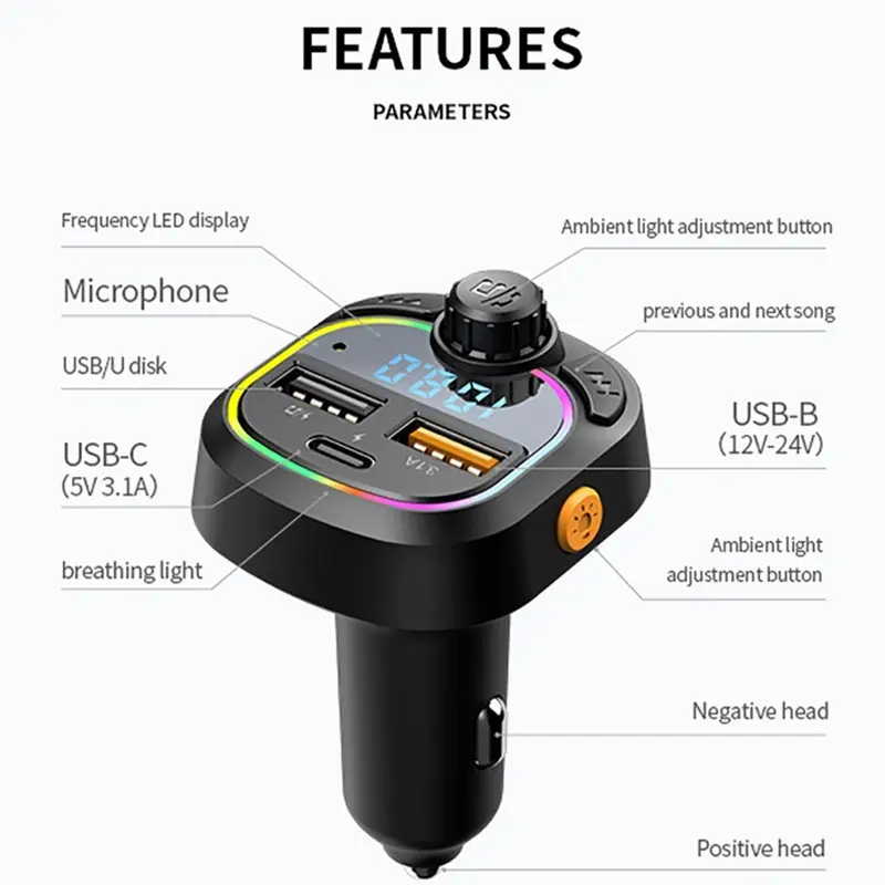 [OTTO]C28 Car Charger Mobil 3 Port Fast Charging USB Chargers FM & MP3 Bluetooth Transmitter Hitam Led Logam Ponsel Handphone Pengisi Wireless 7