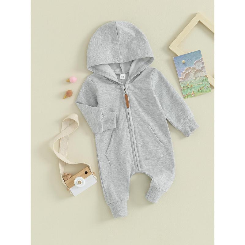 Áo liền quần cho bé, Áo liền quần dài tay có mũ trùm đầu Zip-up Solid Fall Romper Quần áo cho bé trai bé gái Jumpsuit 3