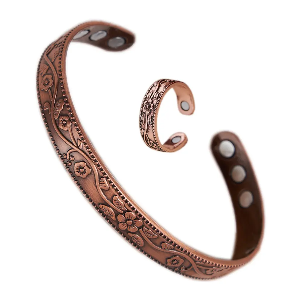 Bộ Vòng Tay Từ Tính, Thiết Kế Hoa Mận, Vòng Tay Nhẫn Hoa Cổ Điển Có Thể Điều Chỉnh, Unisex, Vòng Tay Đồng Thau Đỏ Cổ