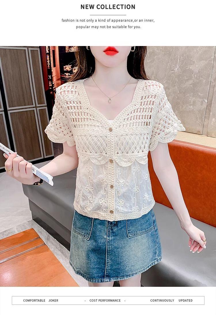 Product Introduction of Áo Cánh Ren khoét Cổ Chữ V, Thiết Kế Độc Đáo Dành Cho Nữ, Phong Cách Thanh Lịch, Trẻ Trung, Bó Sát, Áo ngắn Tay Bộ Sưu Tập Người, Mùa Hè 2024, Hàng Mới Về, [3311] 19