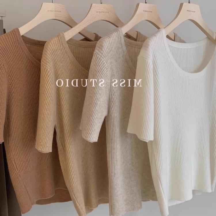 เสื้อถักแขนสั้นผ้าฝ้ายลินิน, วัสดุผ้าไหมน้ำแข็ง, สำหรับผู้หญิง ...