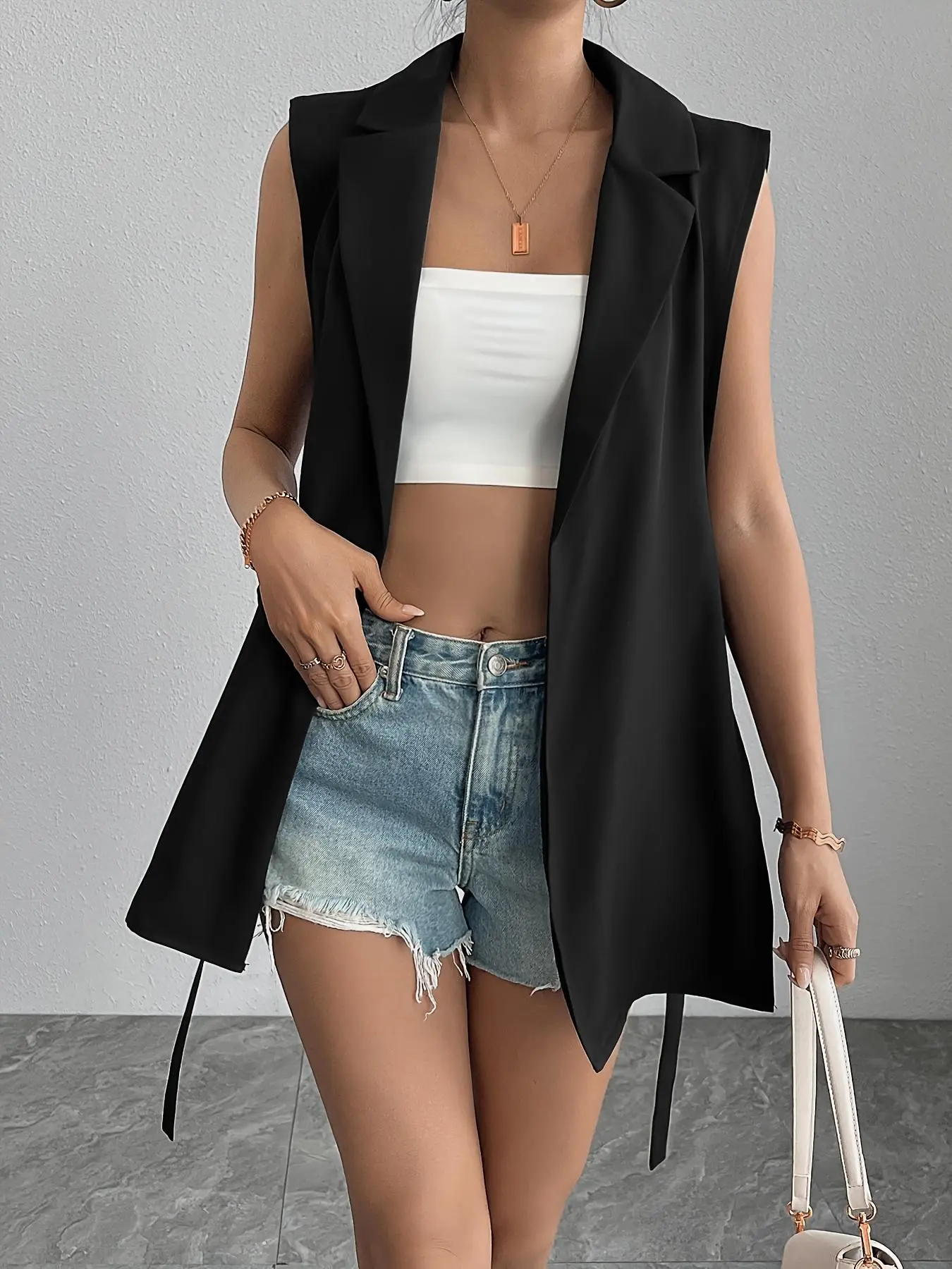 Women's Solid Color Metal Buckle Belt Vest Blazer, Casual Open Front Sleeveless Outerwear for Summer, Ladies Clothes for Work Office Business