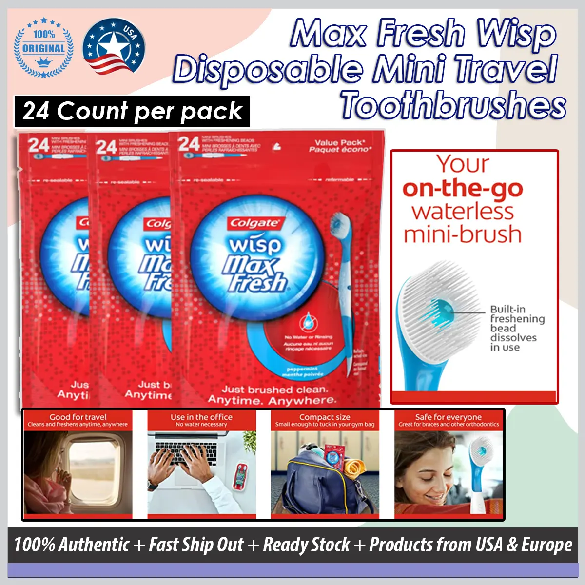 USA Product_ Colgate Max Fresh Wisp Disposable Mini Travel Toothbrushes, Peppermint, No Rinsing Necessary 24 Count per Pack