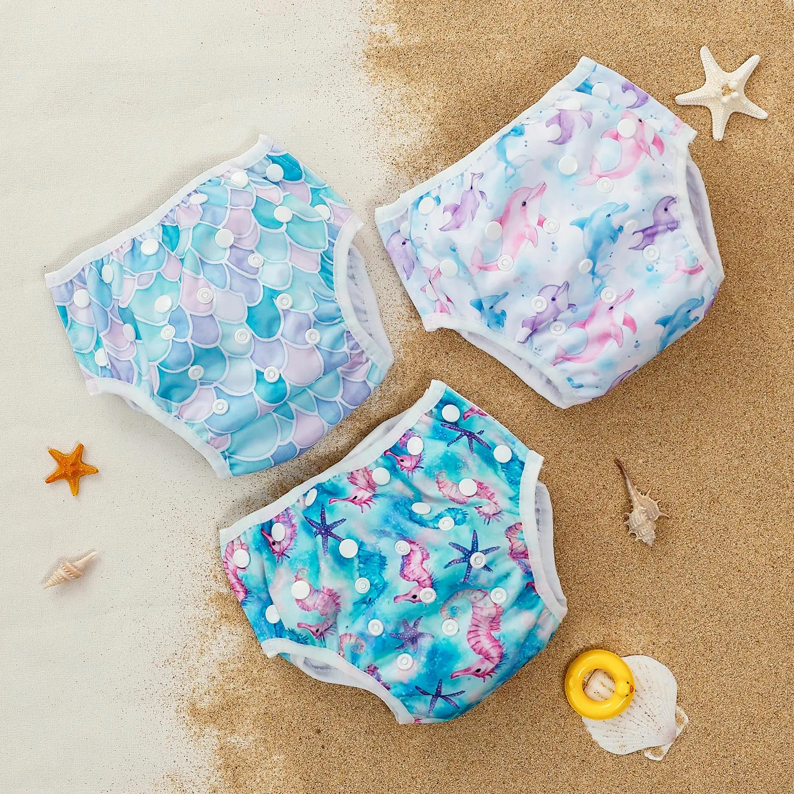 Mermaid Scales & Shell Print Swim Diaper, 3 Counts/set Baby Swimming Diaper, Reusable Swim Pant for Baby Girls, Baby Swimming Accessories