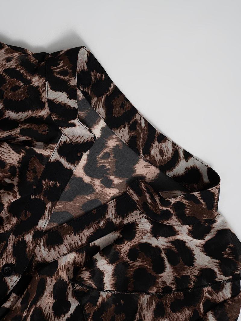 Product Introduction of Women's Leopard Print Flounce Sleeve Button Front Blouse, Vintage Trendy Casual Long Sleeve Ruffle Trim Top for Daily Wear, Ladies Clothes for All Seasons 7