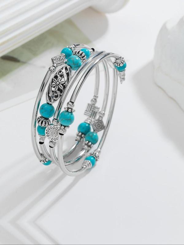 Vintage Boho Style Turquoise Texture Flower Design Bracelet, Alloy Jewelry for Party, Daily Clothing Decor, Trendy All-match Jewelry for Birthday Gift 2