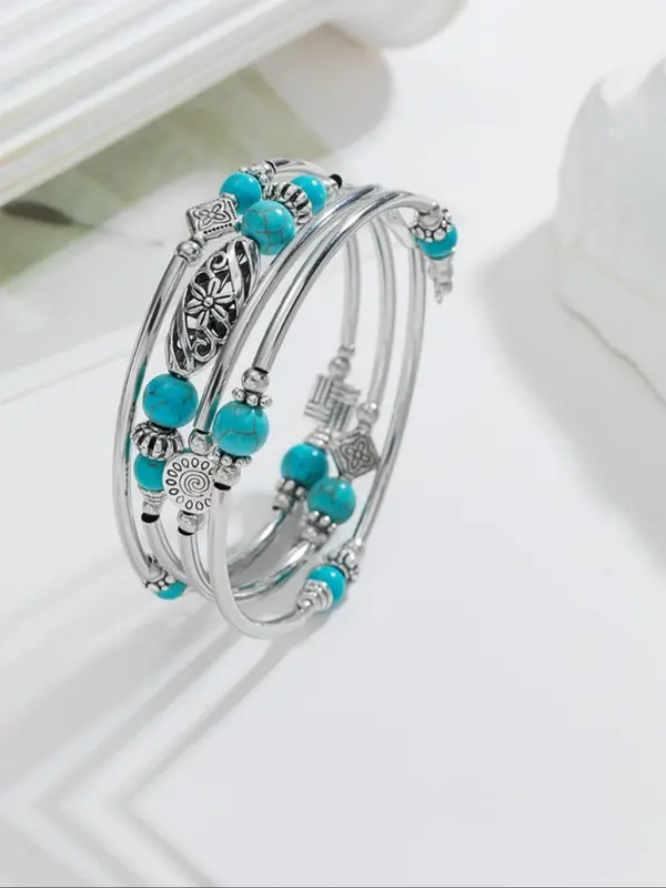 Vintage Boho Style Turquoise Texture Flower Design Bracelet, Alloy Jewelry for Party, Daily Clothing Decor, Trendy All-match Jewelry for Birthday Gift 2