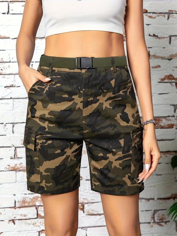 Women's Camo Print Belted Cargo Shorts, Casual Pocket Design Shorts for Summer, Ladies Bottoms for Daily Wear 1