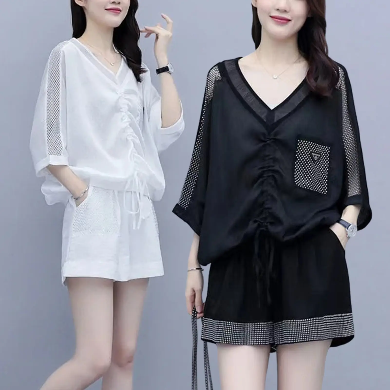 Mieeuo 2 Pcs/Set Women Top Shorts Set V Neck Pleated Drawstring Three Quarter Sleeves Plus Size Commute Casual Elastic Waist Mini Shorts T-shirt Set Female Clothes
