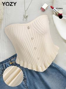 YOZY Women's Plain Ruffle Hem Button Crop Tube Top, Casual Sleeveless Cropped Top, Women's Knitwear for Daily Wear