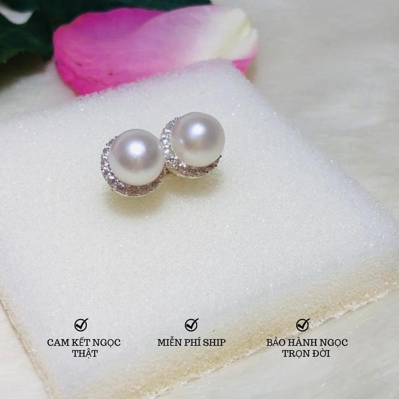 Bông tai ngọc Bán cầu 8-9li màu Trắng Kiểu một dòng xoàn 7