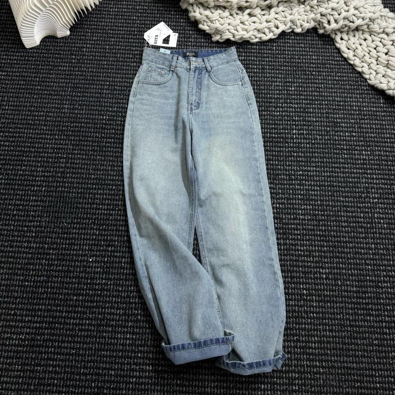 (RITA JEAN)A40 Quần Bò Nữ Màu Xanh Trung Trắng Bụi Lạ Lưng Cao Vải QC Mềm Mịn Không Giãn Lai Cuốn RiTa 2