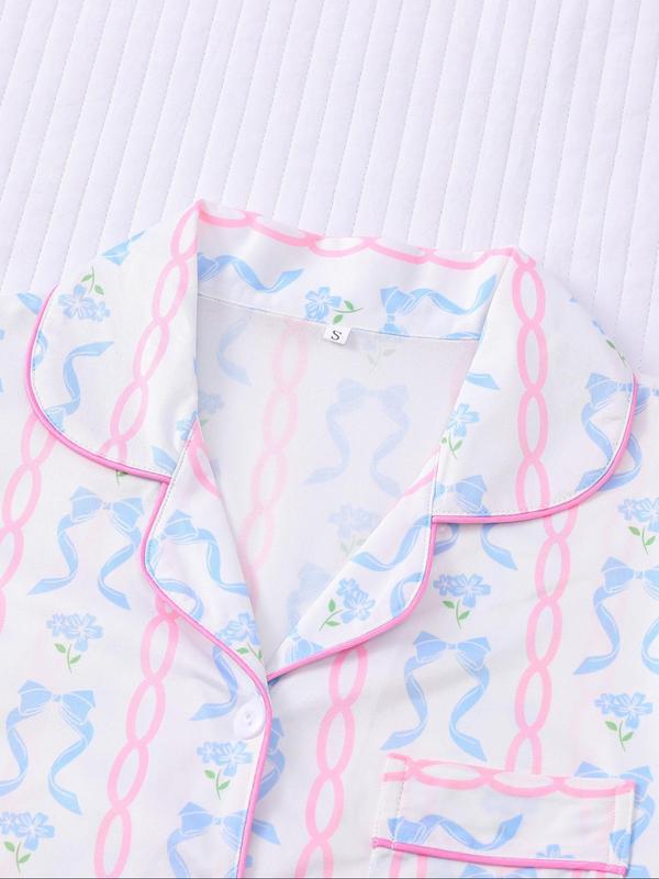 Women's Bowknot Print Lapel Neck Top & Elastic Waist Shorts Pyjama Two-piece Set, Casual Comfy Short Sleeve Top & Shorts Pj Set, Ladies Summer Sleepwear, Loungewear, Pajamas 5