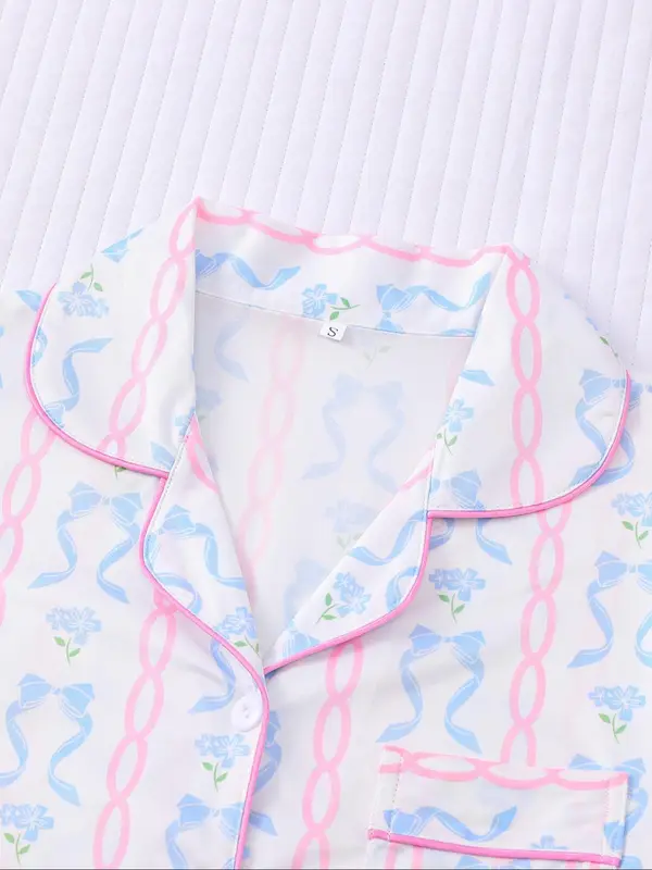 Women's Bowknot Print Lapel Neck Top & Elastic Waist Shorts Pyjama Two-piece Set, Casual Comfy Short Sleeve Top & Shorts Pj Set, Ladies Summer Sleepwear, Loungewear, Pajamas 5