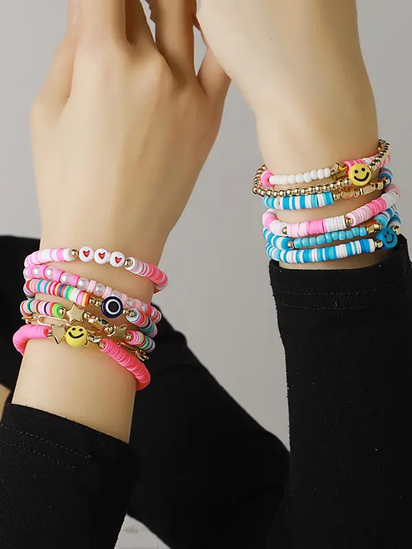 Boho Style Colorblock Star Charm Bracelet, Cute Trendy Eye & Smile Face Polymer-clay Bracelet, Fashion Accessories for Women & Girls 2