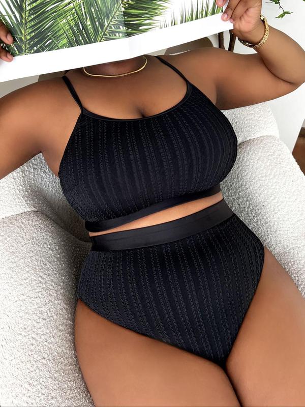 Plus Size Summer Textured Bikini Set, Casual Comfy Swim Top & High Waist Swim Bottom Swimsuit Set, Bathing Suits 2024 for Women, Women's Swimwear for Summer 2