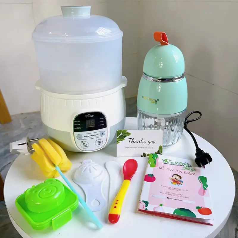 (Tặng yếm silicon) Combo Nồi Nấu Cháo Chậm Bear 0.8l + Máy Xay Đa Năng Haties 8 lưỡi máy  xay ăn dặm cho bé máy  xay 5